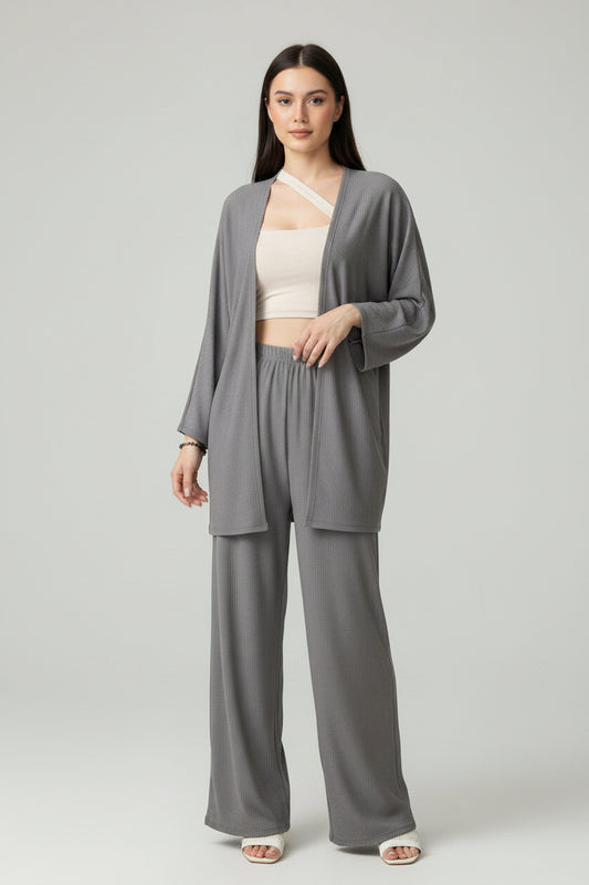 Set elegant 2-pjesësh gri për femra – cardigan & pantallona comfy chic