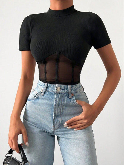 Bluzë Crop Top me tyl Transparent – Slim Fit
