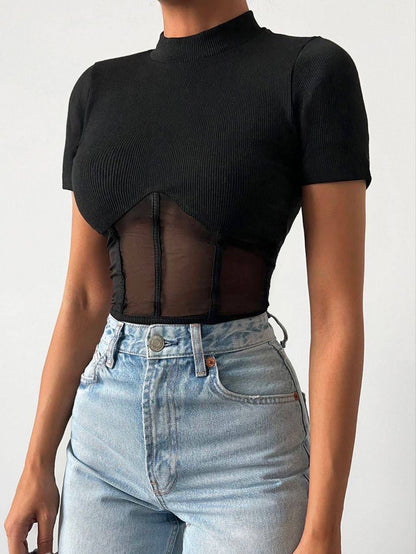 Bluzë Crop Top me tyl Transparent – Slim Fit
