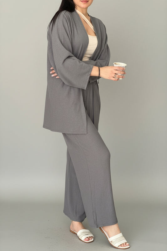 Set elegant 2-pjesësh gri për femra – cardigan & pantallona comfy chic