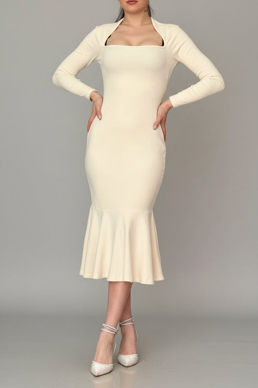 Fustan Elegant Midi për Femra – Bodycon me Mëngë të Gjata & Fund me Valëzim (Mermaid)