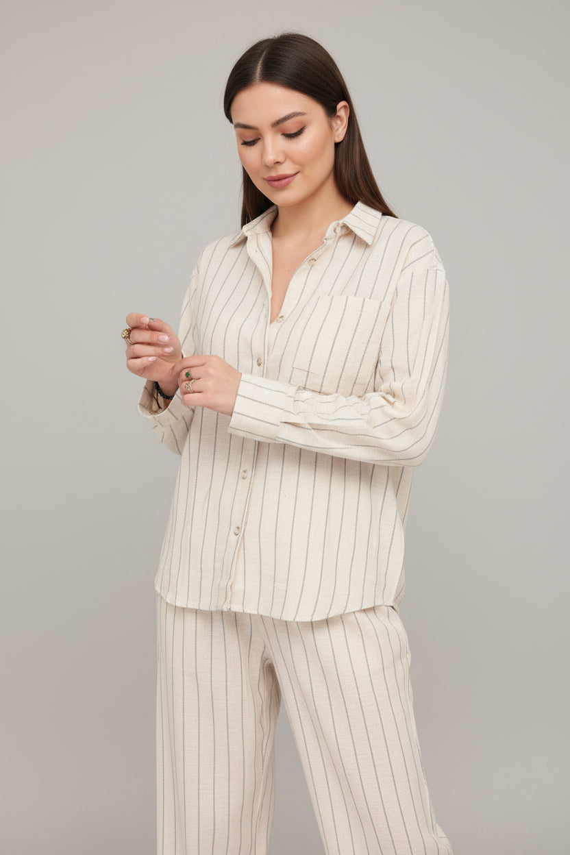 Komplet Lino Bezhe me Vija jeshile për Femra | Set Elegant dhe Komod