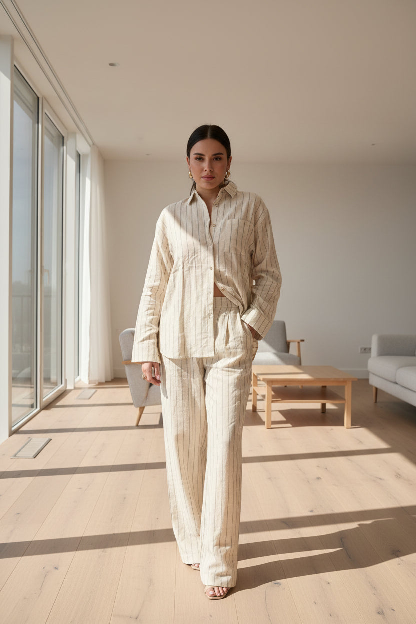 Komplet Lino Bezhe me Vija jeshile për Femra | Set Elegant dhe Komod