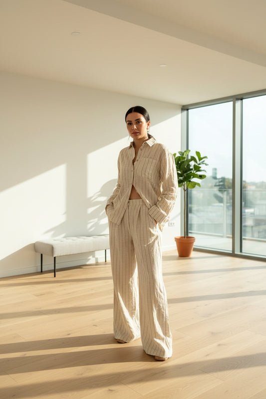 Komplet Lino Bezhe me Vija jeshile për Femra | Set Elegant dhe Komod